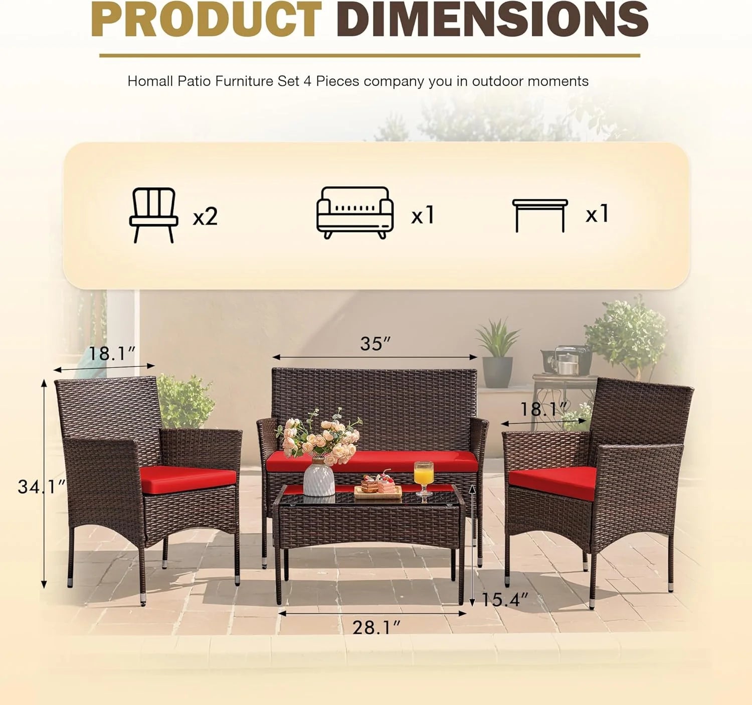 Homall 4 Pieces Outdoor Patio Furniture Sets Rattan Chair Wicker Set, Outdoor Indoor Use Backyard Porch Garden Poolside Balcony Furniture Sets Clearance (Brown and Beige)