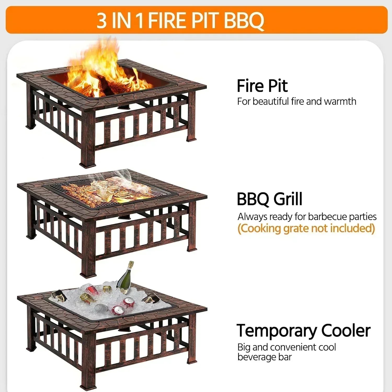 Yaheetech Multifunctional Fire Pit Table Square Metal Firepit Stove Backyard Patio Garden Fireplace