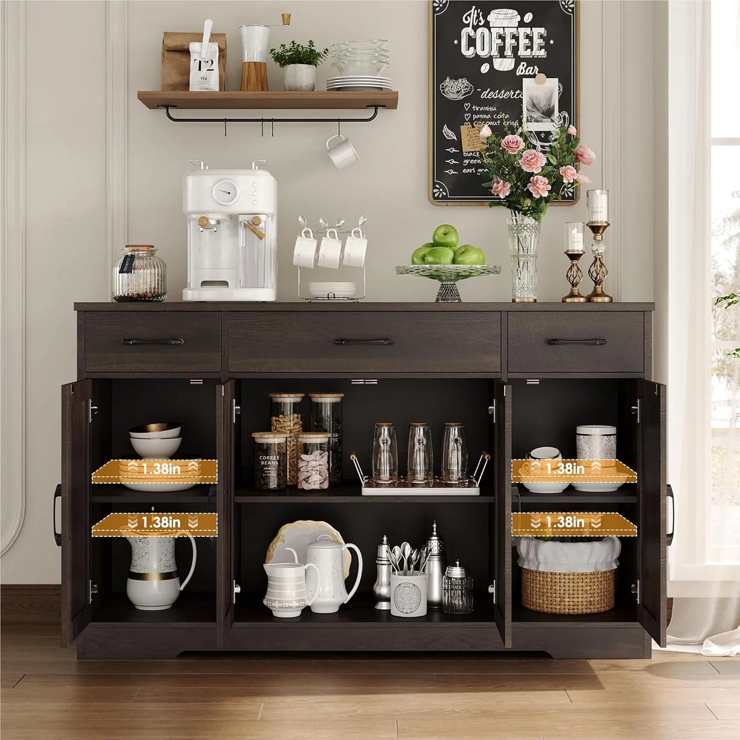 Sideboard with drawers, large 55-inch sideboard, sideboard storage with shelves and doors, modern farmhouse coffee bar wood kitchen dining table