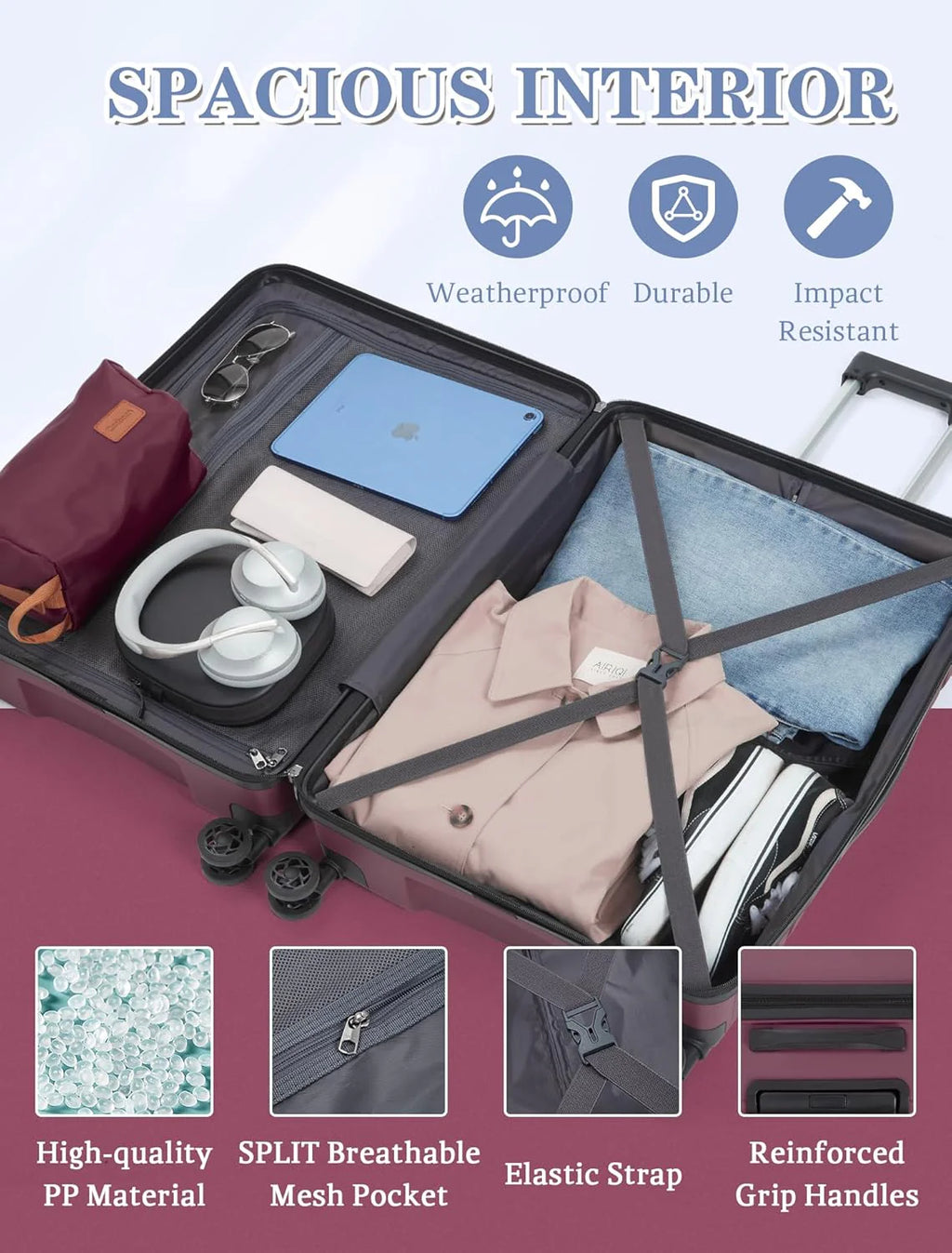 5-piece luggage set with wheels, ABS hardshell suitcase with spinner wheels
