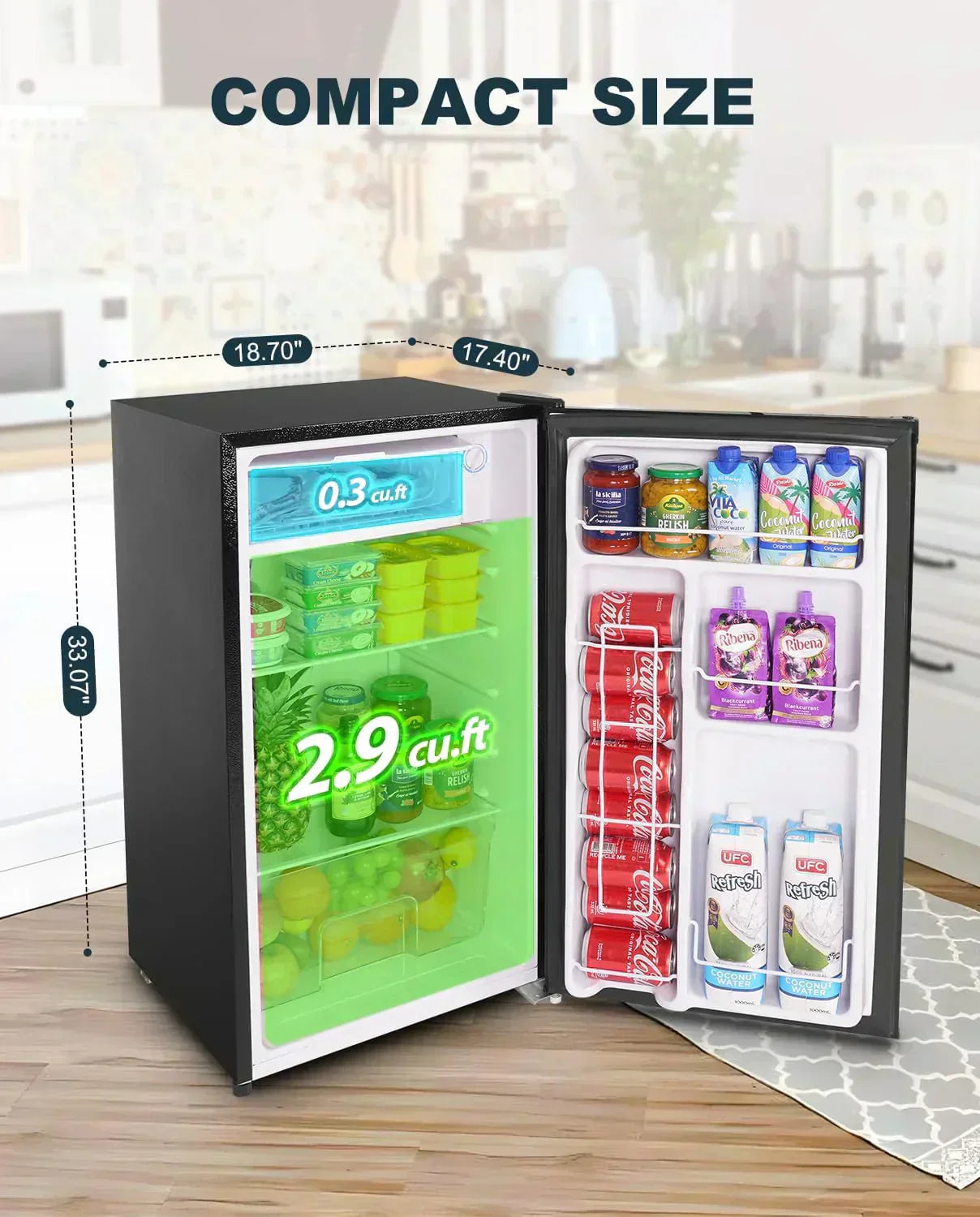 Upstreman 3.2 Cu.Ft Mini Fridge Freezer Single Door Fridge Dorm Fridge Adjustable Thermostat