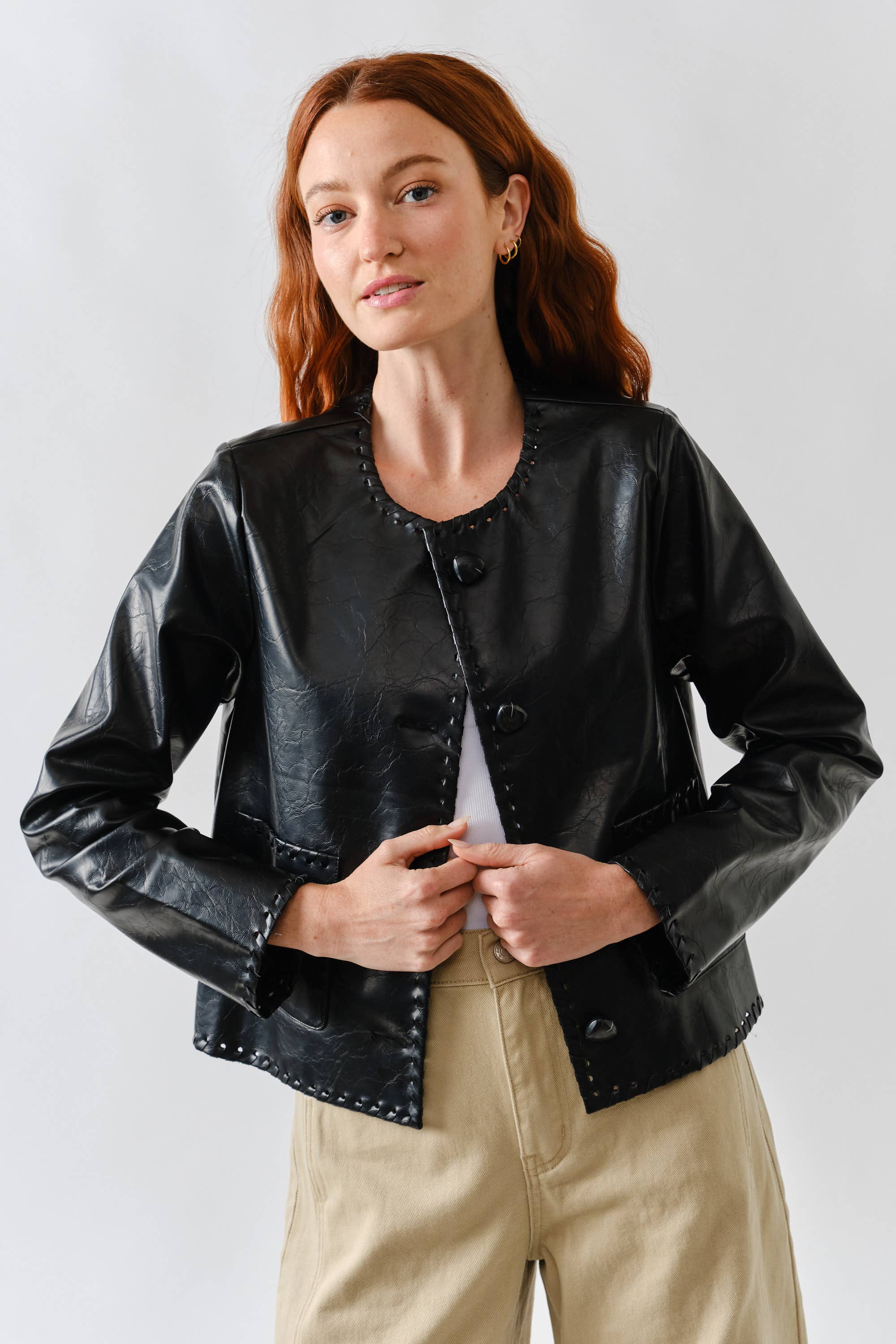 Whipstitch Faux Leater Jacket