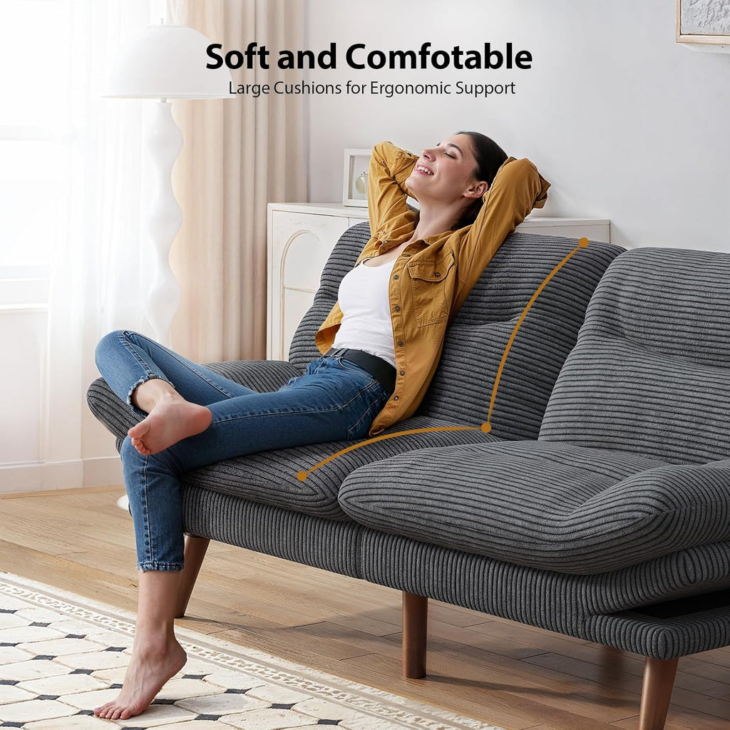 Pipishell Convertible Futon Sofa Bed,66 Corduroy Futon Couch with Adjustable Backrest and Armrests, Recliner Sleeper Sofa for Small Spaces, Play Room or Office, Grey