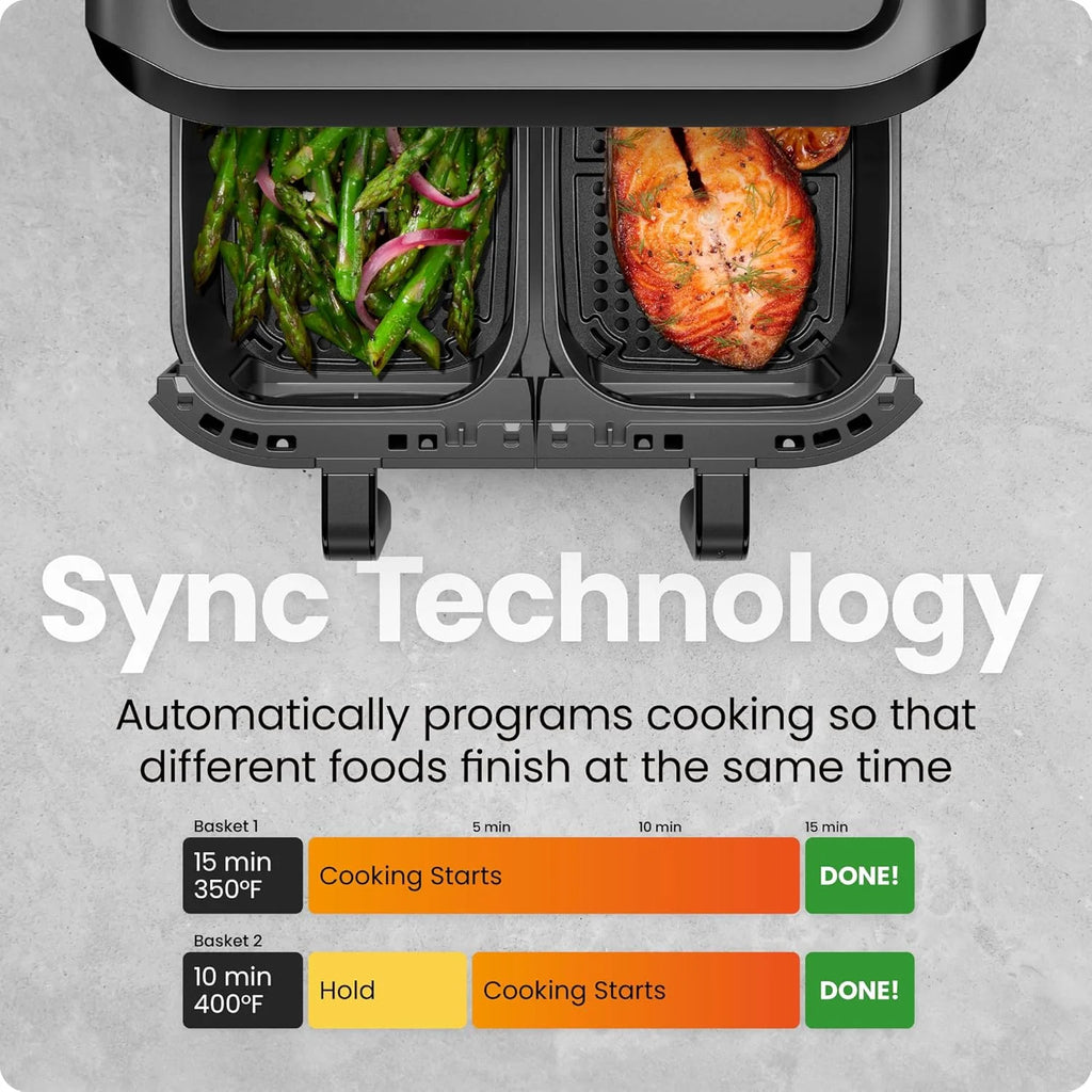 Chefman 6-Quart Double Basket Air Fryer with Easy View Window uses two separate 3-quart nonstick pans.