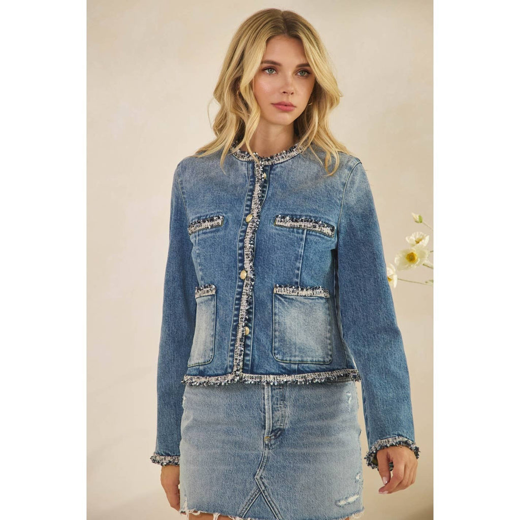 Tweed Trimmed Front Pocket Denim Jacke