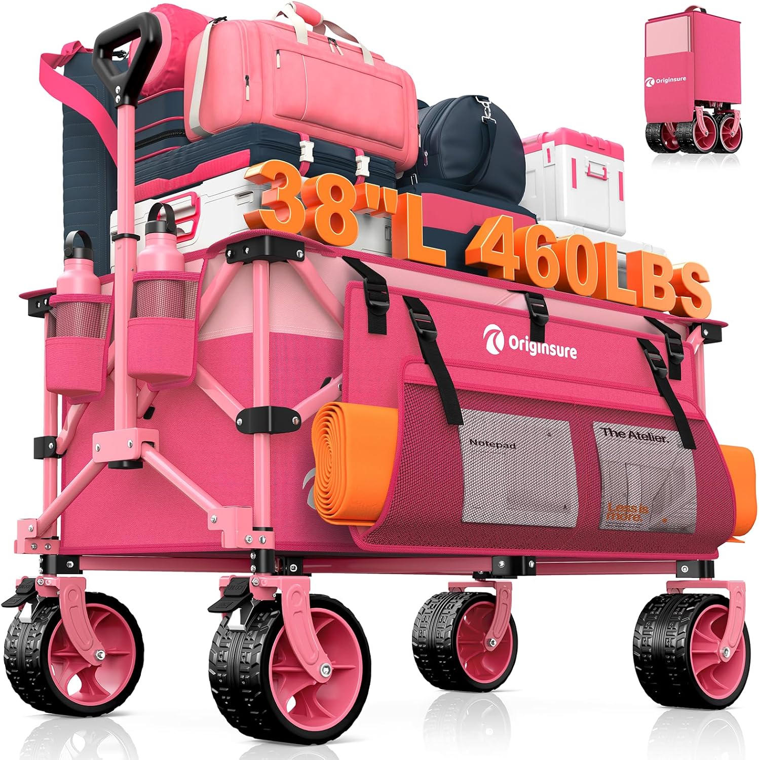 38 long foldable four-wheel stroller, foldable, 460 lb capacity, 220 liter heavy-duty folding beach stroller with large all-terrain tires